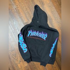 Thrasher X Supreme Rare Black Hoodie with Purple and Blue flames Size Medium Y2K